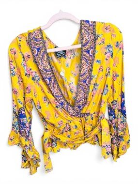 Angie Yellow Floral Wrap Top with Purple Paisley Trim